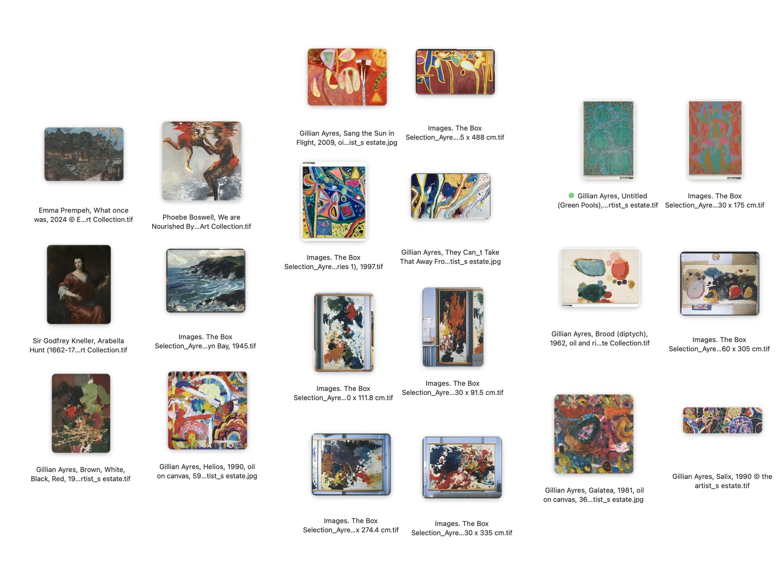 A contact sheet of paintings from The Box collection, including works by Gillian Ayres, Sir Godfrey Kneller and Phoebe Boswell, used as source images