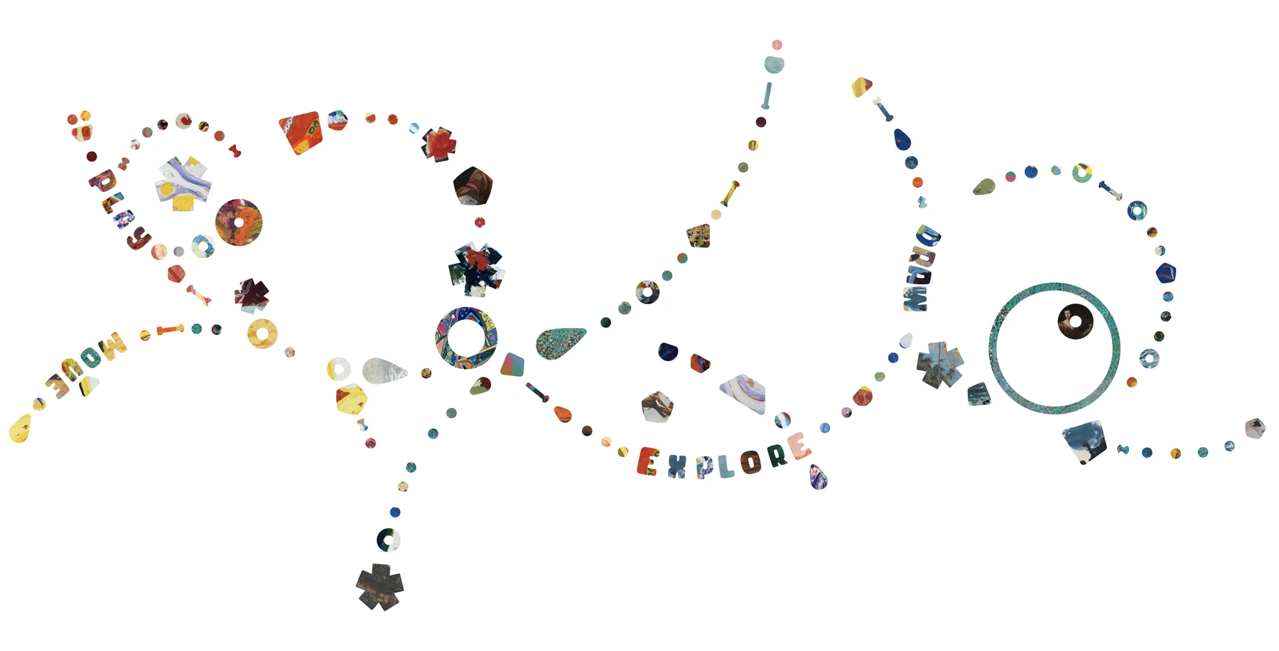 The final decal layout: trails of small circles, rings and cut out painting shapes sweeping across the courtyard, with the words Play, Draw, Move and Explore