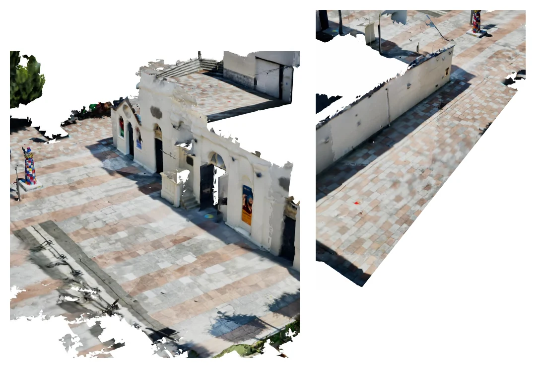 A 3D scan of the paved courtyard outside St Luke's, with its pale stone building, a lighthouse figure and a grid of large and small paving tiles