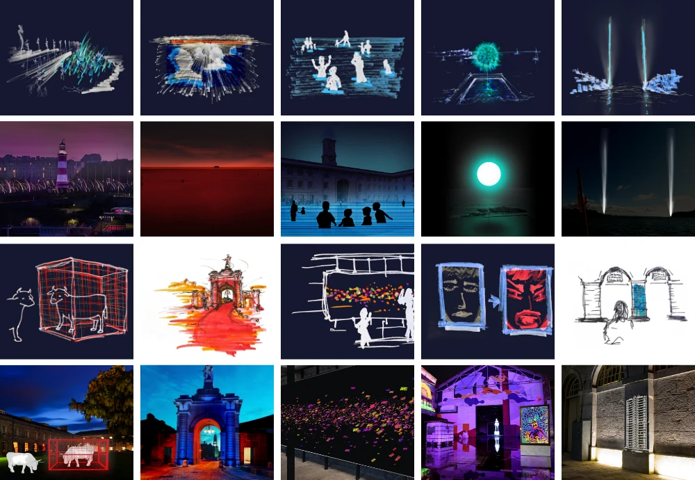 A grid of twenty concept sketches and visualisations for light art, including figures in water, a glowing orb, a lit gateway and a cow inside a red cage