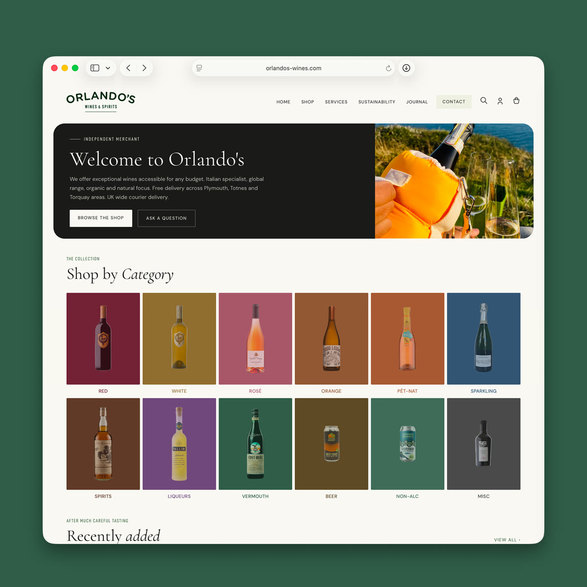 The Orlando’s Wines homepage, a headless Shopify storefront