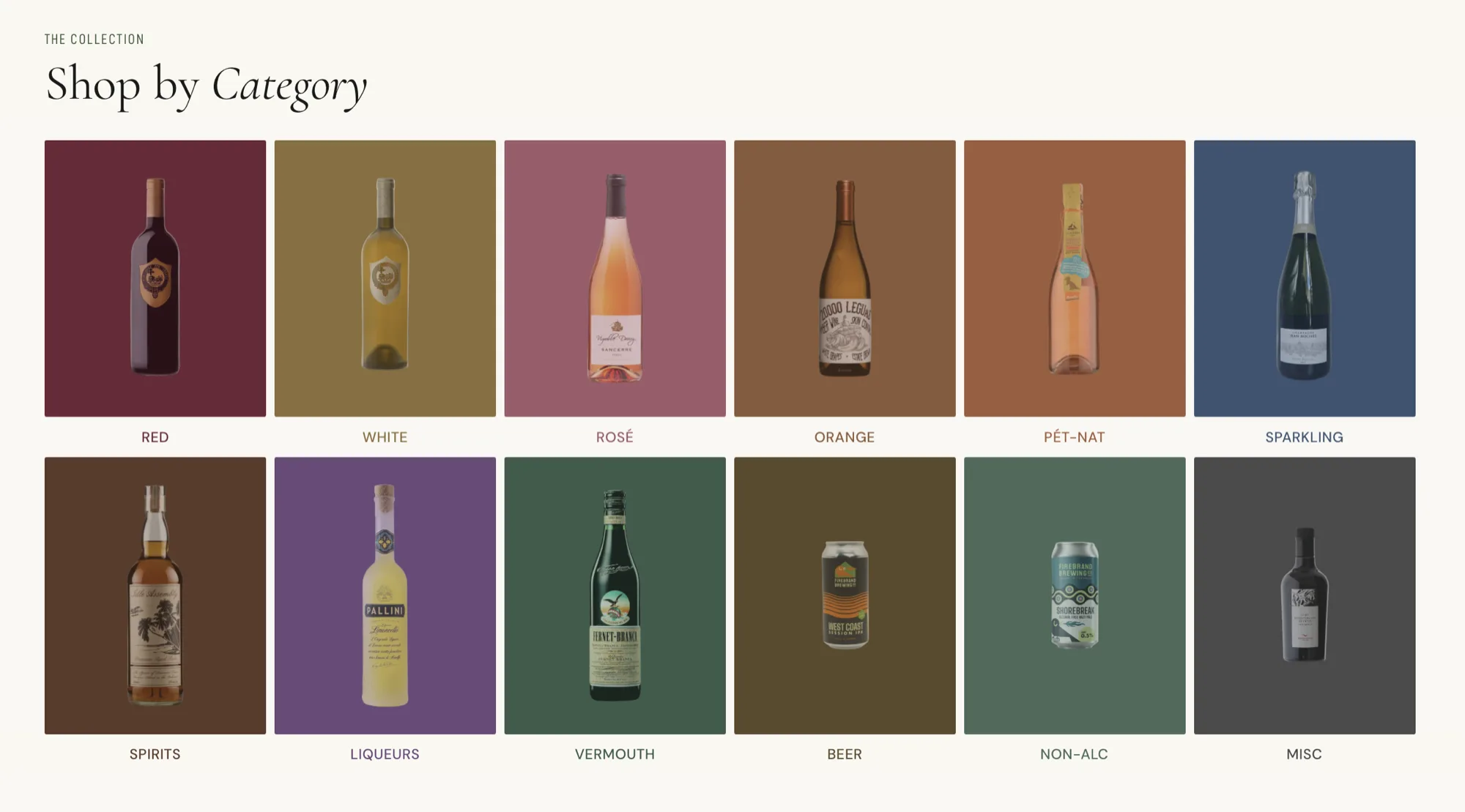 A grid of twelve category tiles, each a different colour with a bottle on it: red, white, rosé, orange, pét-nat, sparkling, spirits, liqueurs, vermouth, beer, non-alcoholic and misc