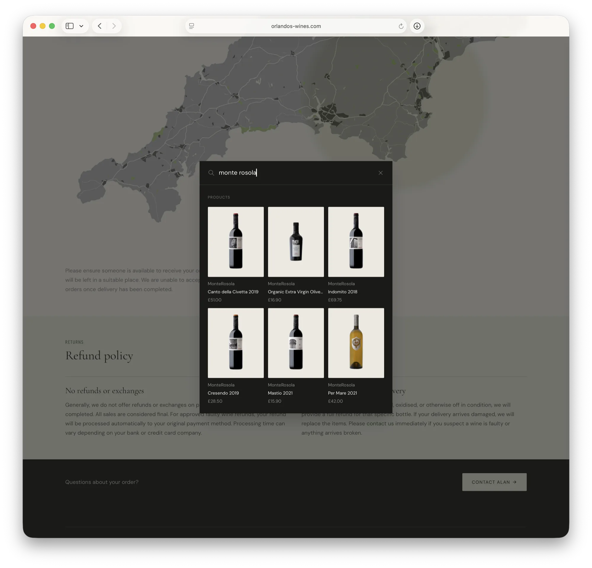 The search panel open over the delivery page, showing six MonteRosola bottles with names and prices after typing monte rosola