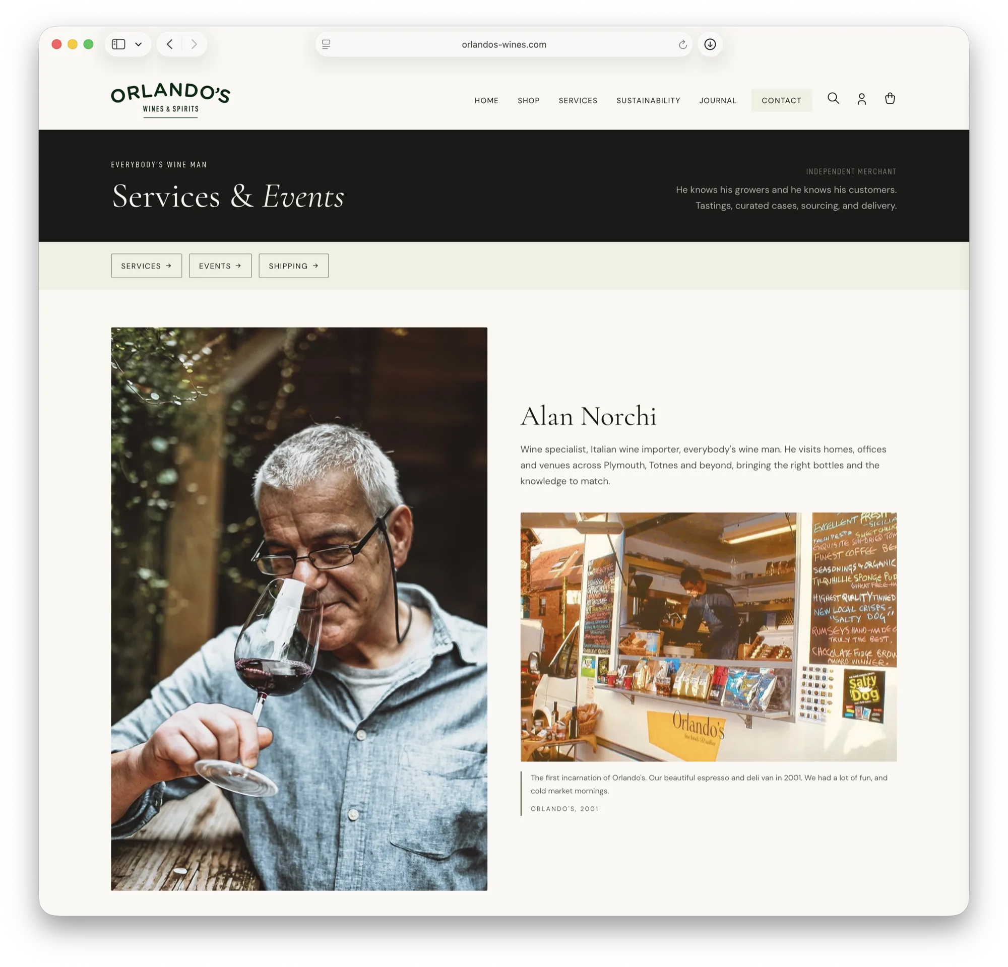 The Services and Events page with a portrait of Alan Norchi smelling a glass of red wine, and a 2001 photo of the first Orlando’s espresso and deli van