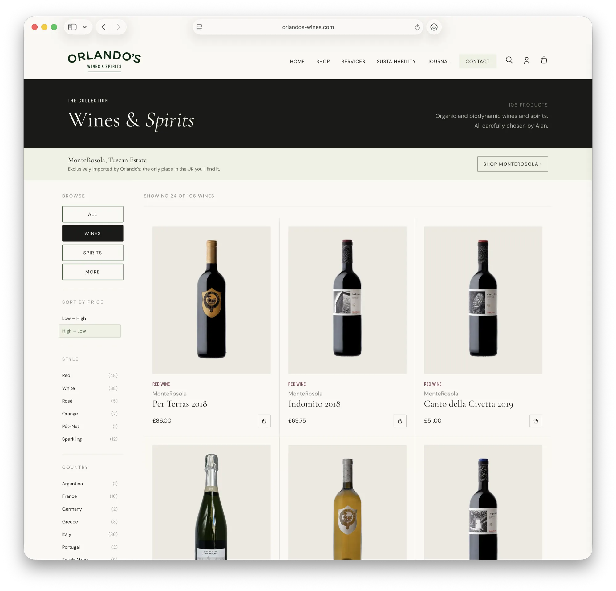 The Orlando’s shop page in a browser, with filters down the left and three bottles of MonteRosola red wine with prices