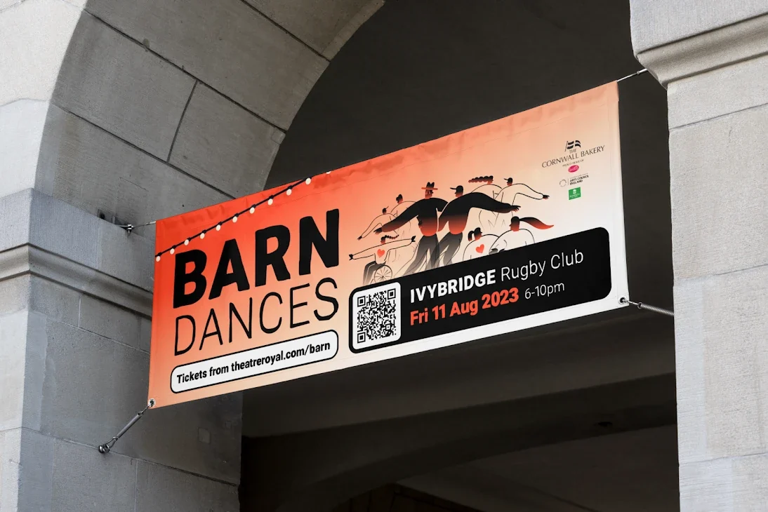 A Barn Dances banner for Ivybridge Rugby Club hung under a stone arch, with a QR code for tickets
