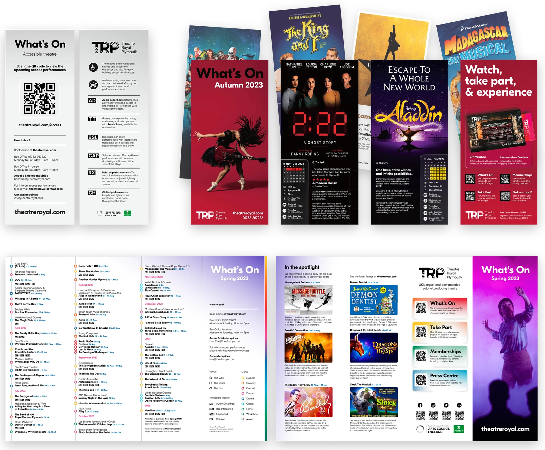 Print pieces on one sheet: a bookmark leaflet for accessible theatre with icons and a QR code, a fan of What's On brochures for autumn 2023 and spring 2023 shows, and an open season guide with a timeline of shows