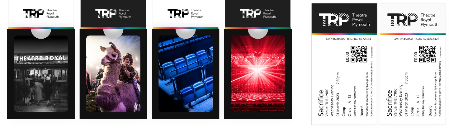 Four black ticket wallets with the TRP Theatre Royal Plymouth logo and a rainbow gradient bar, holding photos of the theatre entrance, a llama character, blue seating and a red lit stage, beside two updated tickets with black and white headers