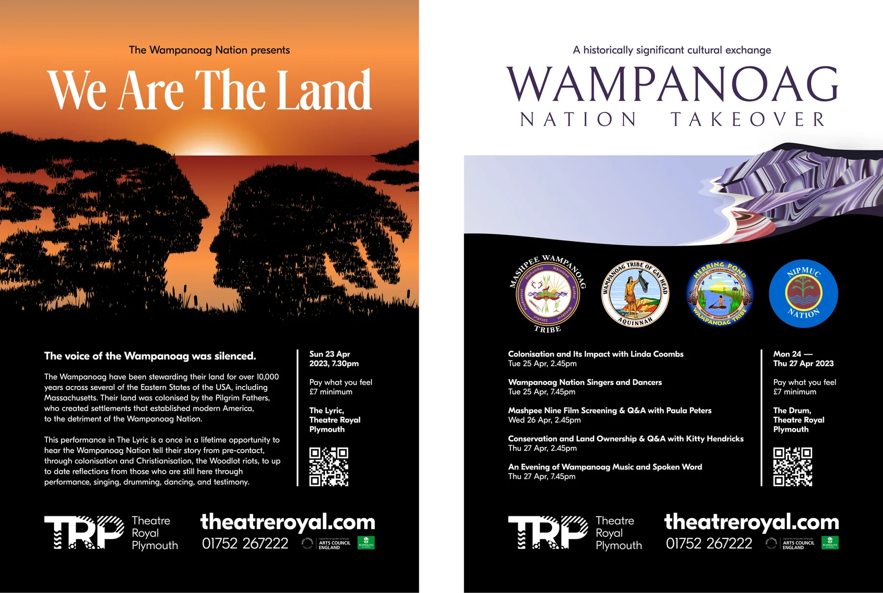 Two We Are The Land posters, one with black silhouettes against an orange sunset and one headed Wampanoag Nation Takeover, both with the TRP logo and booking details