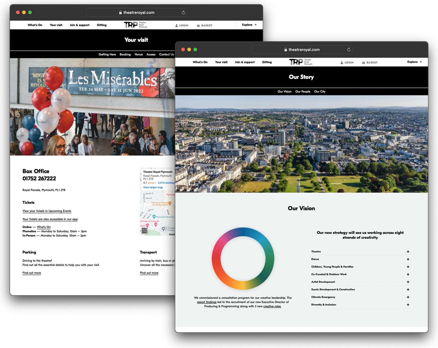 Two browser windows showing the theatreroyal.com Your visit page and the new Our Story page, with a gradient ring graphic under Our Vision