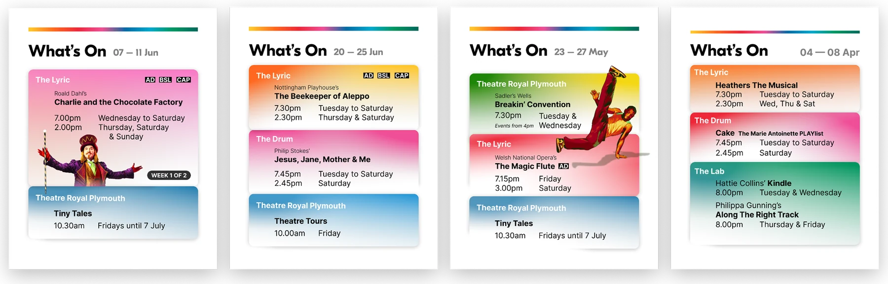 Four What's On listing cards for different weeks, stacked by venue in gradient colours with access icons for audio described, BSL and captioned shows