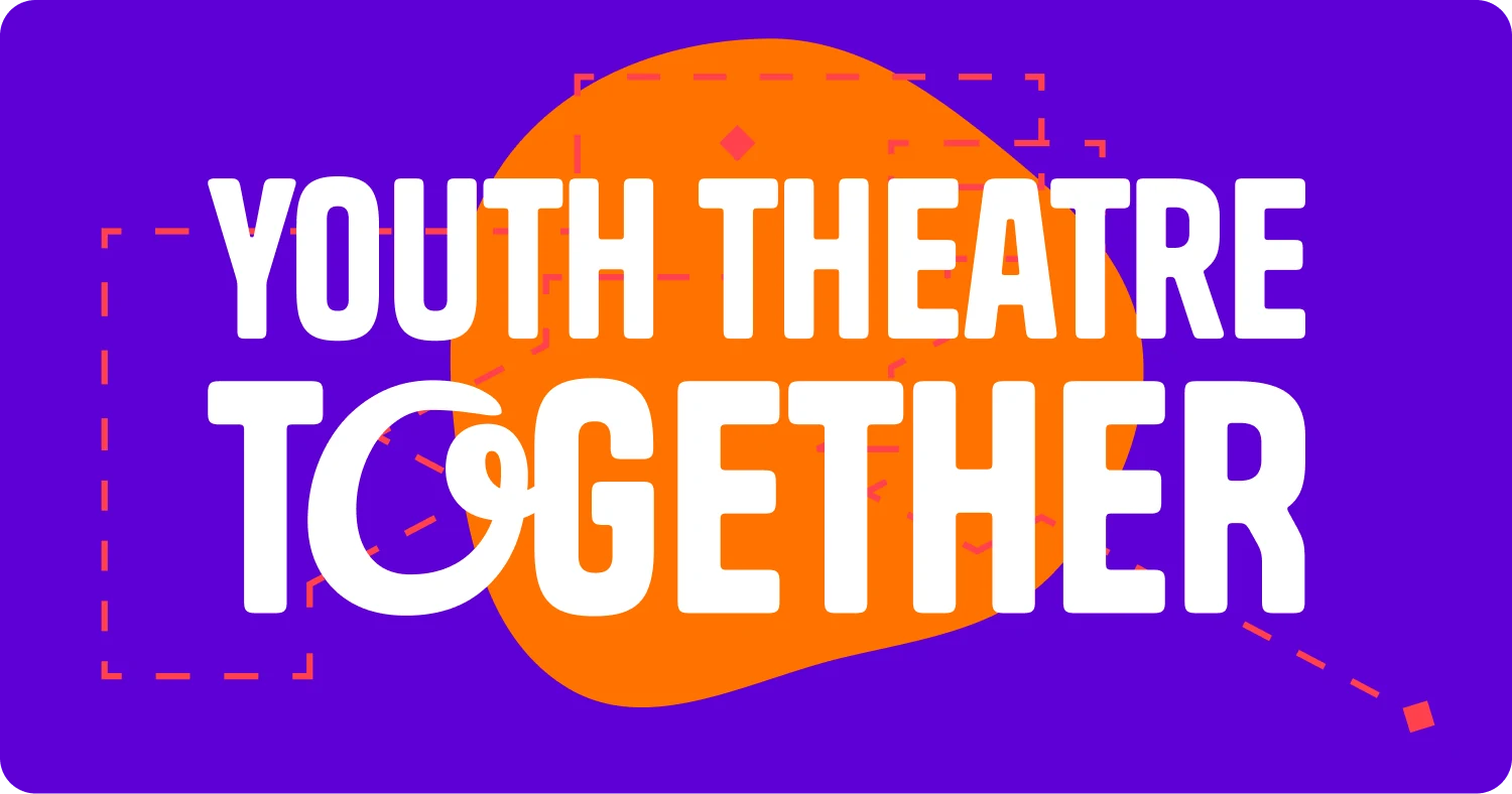 The Youth Theatre Together wordmark in white on purple, over an orange blob and red dashed circuit lines ending in diamond nodes