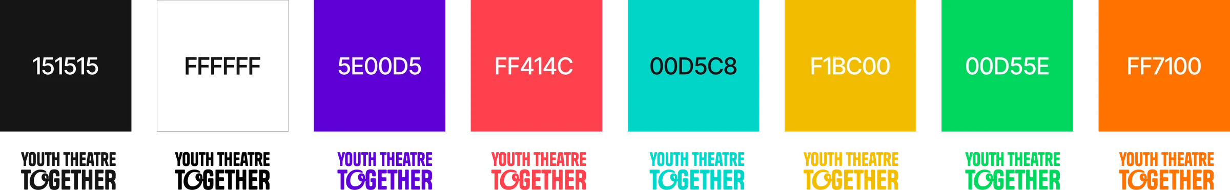The palette hex codes 151515, FFFFFF, 5E00D5, FF414C, 00D5C8, F1BC00, 00D55E and FF7100, each with the wordmark set in that colour